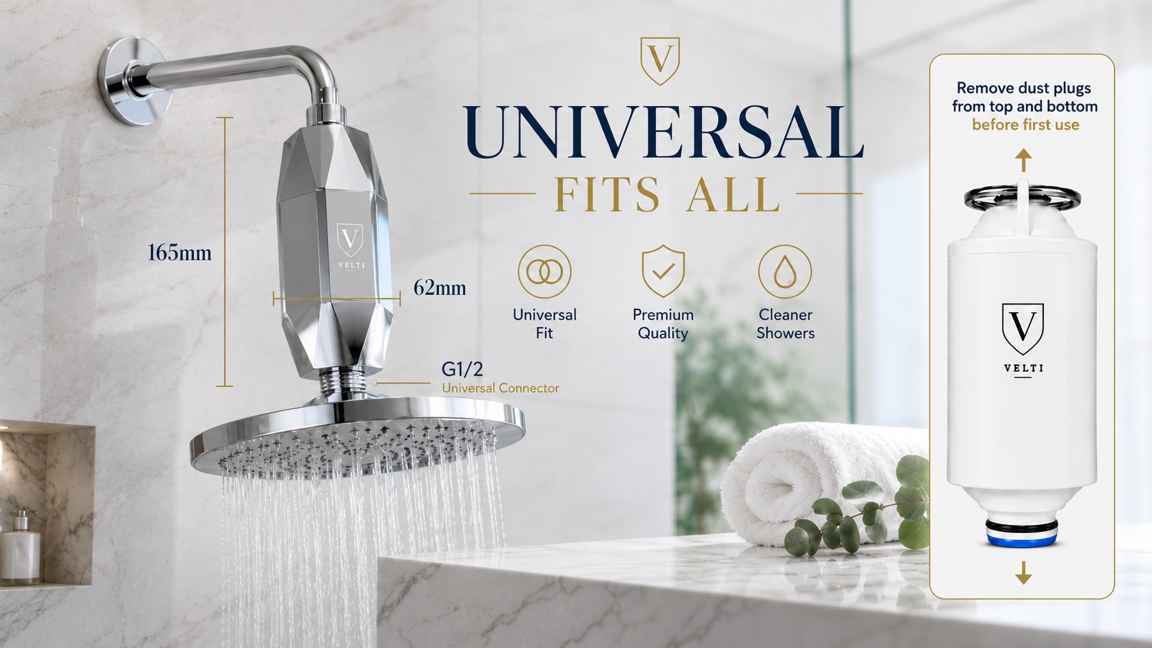 VELTI fits handheld, rain, and fixed shower types