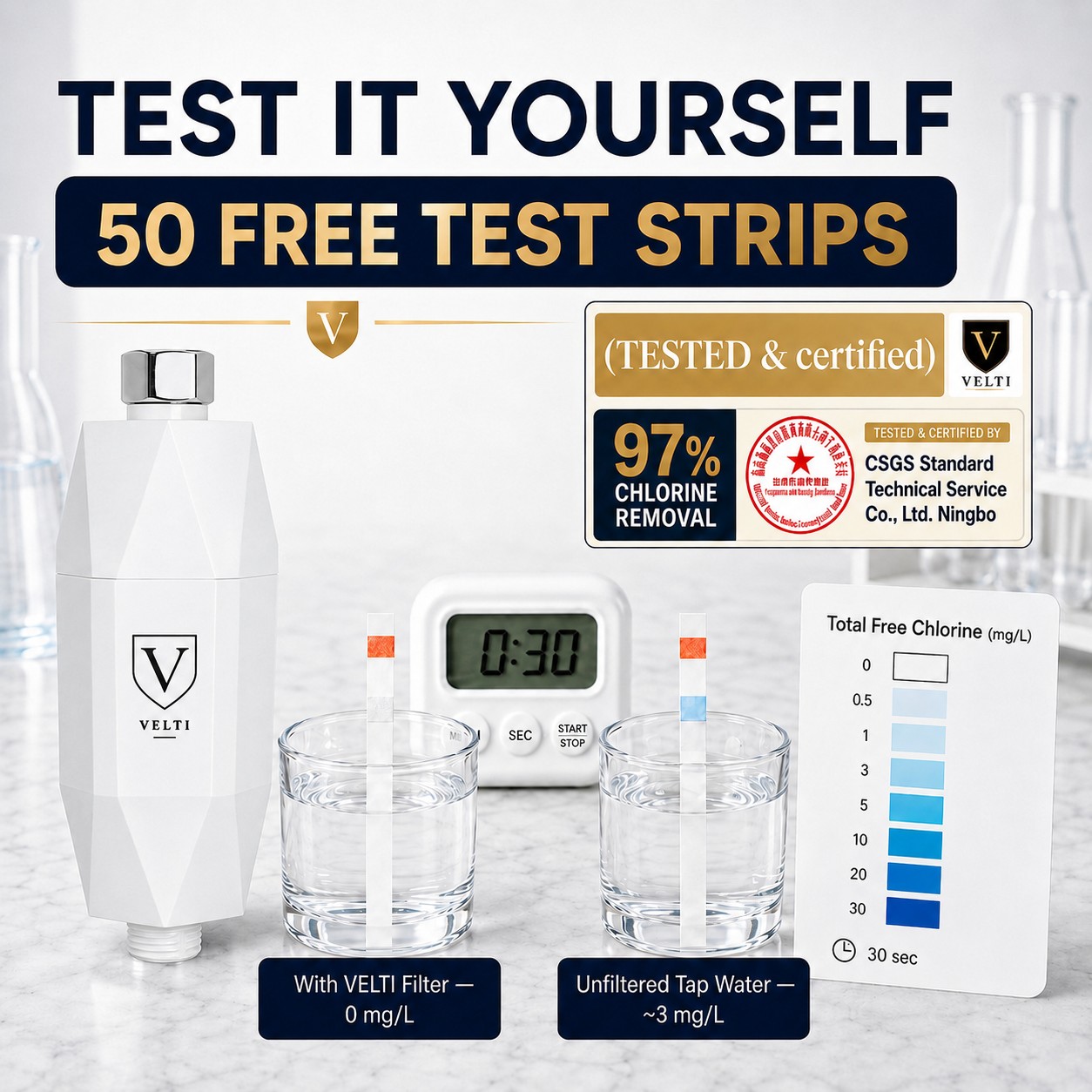 VELTI chlorine test strips, 50 included per bundle